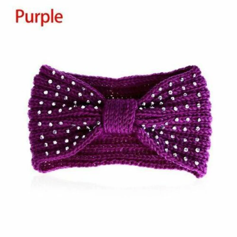 purple Xugar девушки Стразы повязки с узелком макияж шерстяная вязаная полоска на голову с бриллиантами для женщин Зима Эластичный ободок женские аксессуары для волос - Цвет: purple