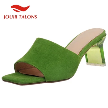 

Women's Shoes On Sale Suede Leather Leather Lining High Heel Square Toe Female Pump Slip-On Summer Strange Style Casual Mules