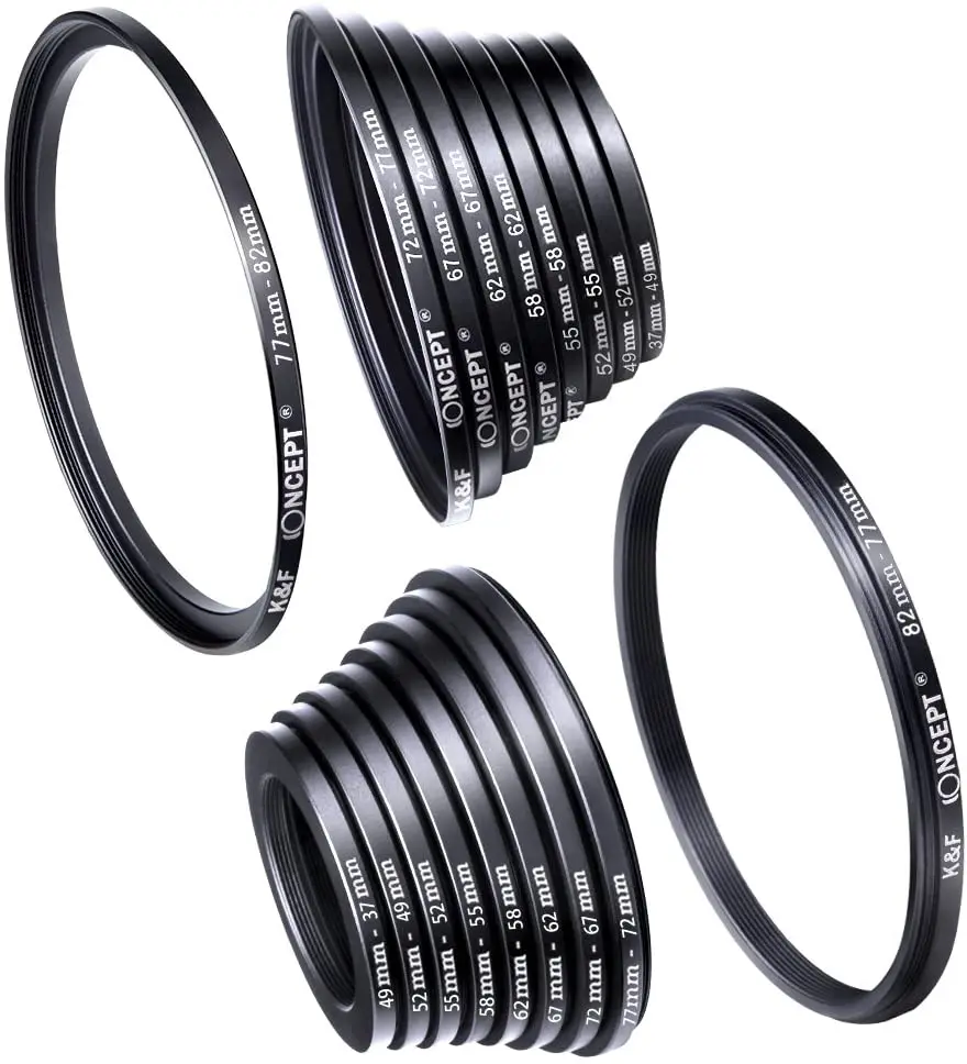 K&F CONCEPT 18pcs Camera Lens Filter Step Up/Down Adapter Ring Set 37-82mm 82-37mm for Canon Nikon Sony DSLR Camera Lens