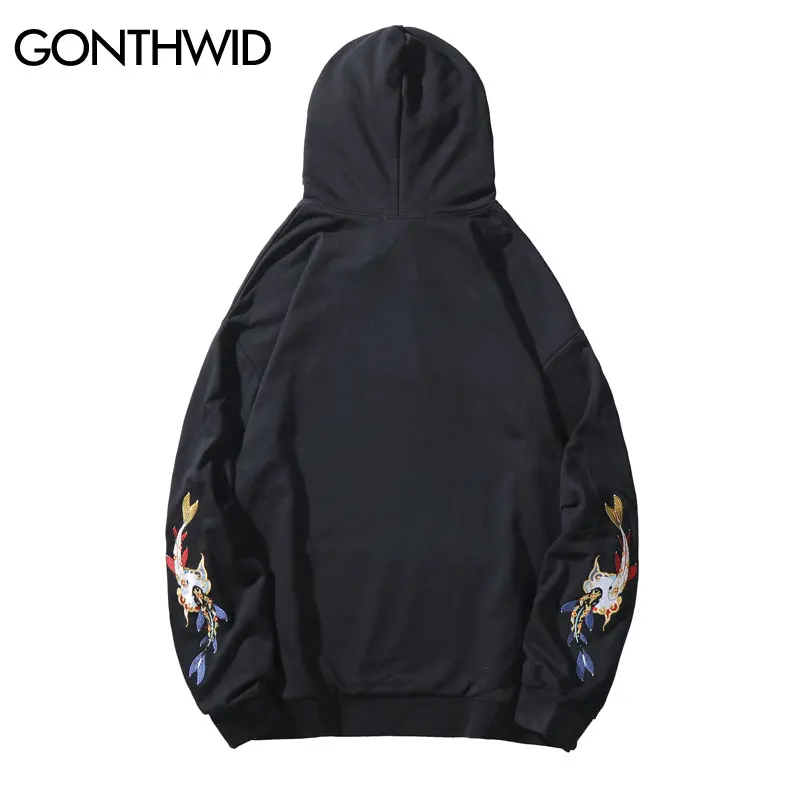 GONTHWID Embroideried Fish koi Карп пуловер толстовки с капюшоном, худи Harajuku уличная мужская хип хоп Повседневная модная Толстовка Топы мужские