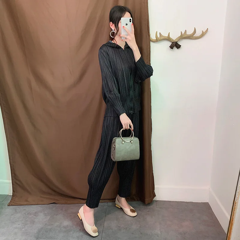Miyake/штаны со складками, костюм осенний комплект Issey Fold, пальто на молнии с капюшоном длинные штаны-шаровары, большие размеры Женский комплект 2 шт
