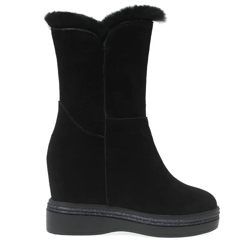Punk Goth Trainers Women Cow Leather Wedges High Heel Snow Boots Rabbit Fur Platform Pumps High Top Winter Warm Fashion Sneakers