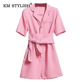 

Summer Women Solid Pink Short-sleeve Casual Jumpsuit Sashes Blazer-Neck Loose Fashion Rompers