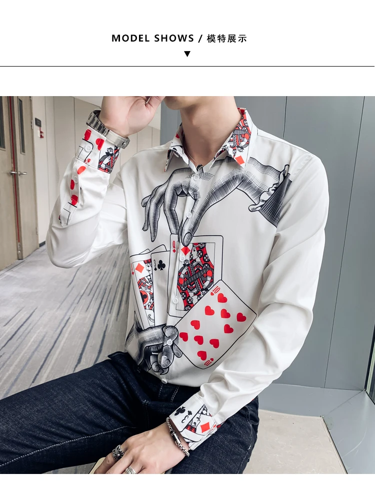 Designer Poker Printing Camisa Masculina Men Shirt Long Sleeve Casual Shirts Streetwear Socia Top Slim Fit Dress Shirt Blouse
