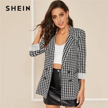 SHEIN черно-белый двубортный блейзер с отложным воротником, женские осенние элегантные офисные платья куртки-блейзеры