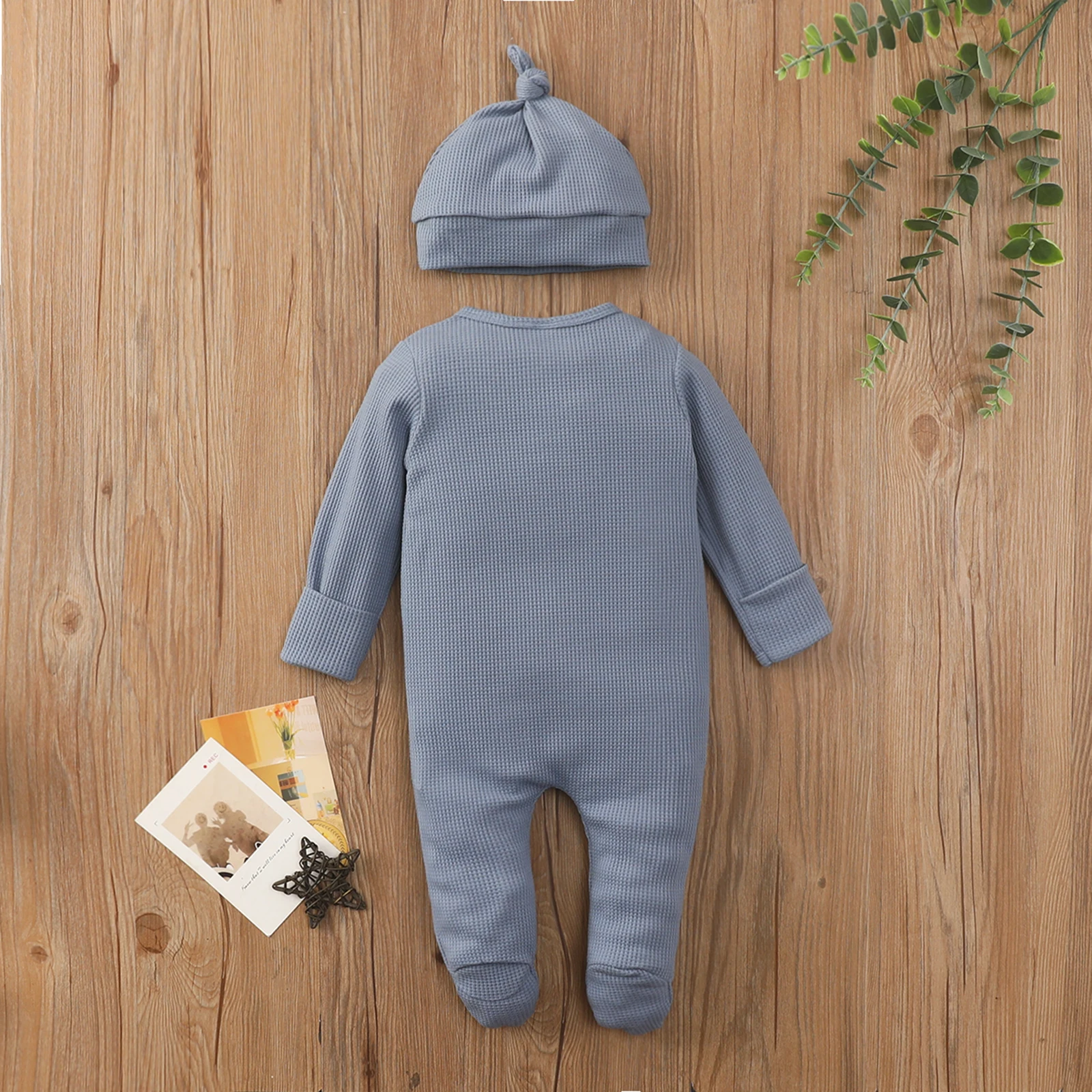 New Babies Two-piece Clothes Set, Solid Color Round Collar Long Sleeve Footie and Cap, 0-24 Months