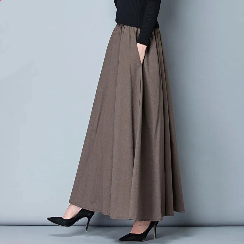 Autumn 2021Women New National Style Cotton Linen Skirt With Big Hem Solid Color Dancing Dress High Waist A-line Female SkirtA472 black leather skirt