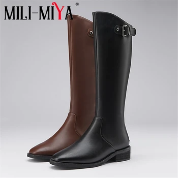 

MILI-MIYA Classic Design Square Toe Women Full Genuine Leather Mid Calf Boots Solid Color Zipper Thick Heels Size 34-40 For Lady