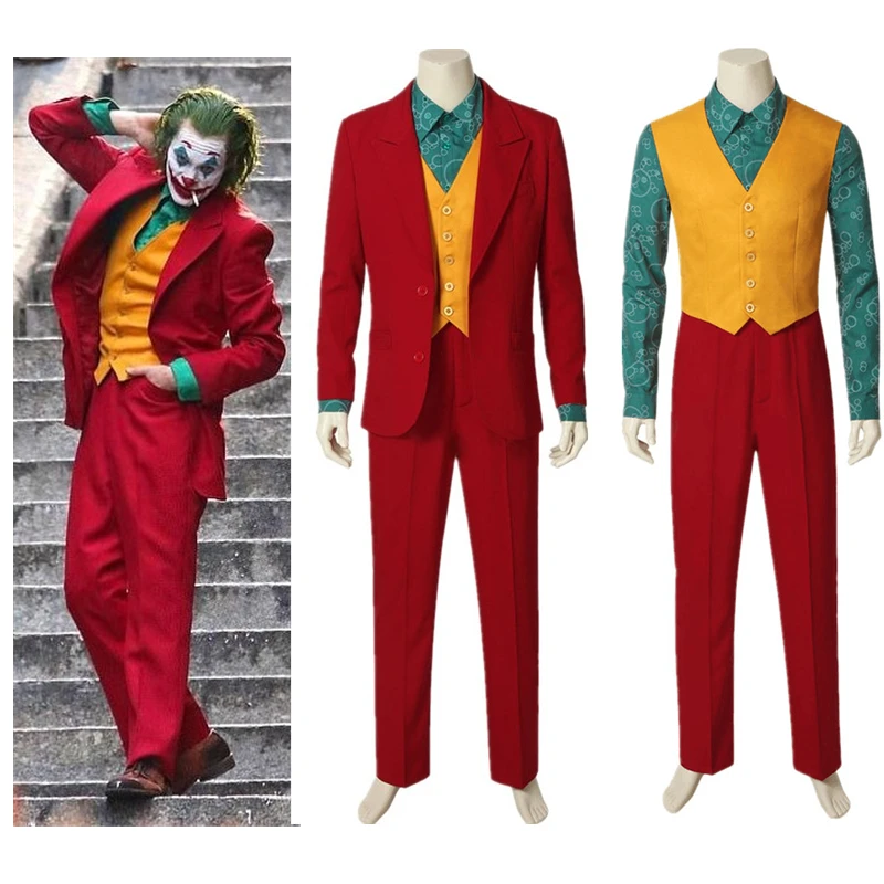 

2019 Joker Origin Movie Cosplay Joaquin Phoenix Arthur Fleck Costume Batman The Joker Uniform Red Suit Halloween Mask BOOCRE