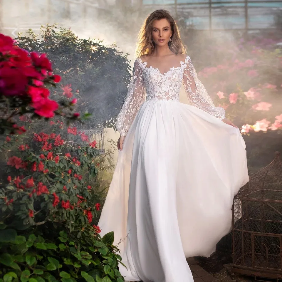 Boho Chiffon Wedding Dress Long Puff Sleeves V Neck Bridal Gowns Lace Applique A Line Country Robe De Mariee vestido de novia | Свадьбы и