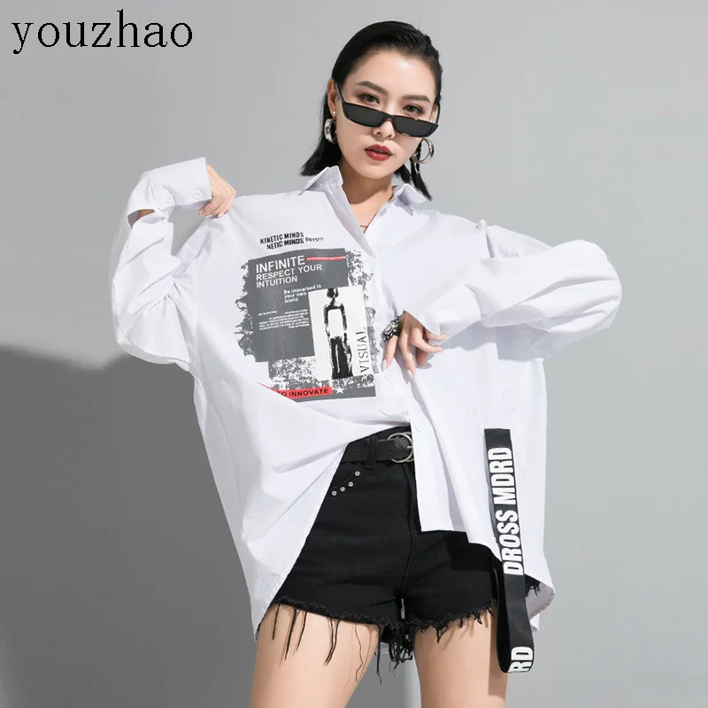 

2020 Spring New Print Cardigan Long Sleeve Shirt Plus Size Women Black White Irregular Tops Loose Fashion Trend Women'S Blouse