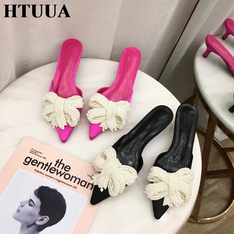 HTUUA/дизайнерские туфли без задника с жемчужным бантом; женские шлепанцы на каблуке; летние шлепанцы; женская обувь с острым носком; женские шлепанцы; лоферы; Mule; SX2807