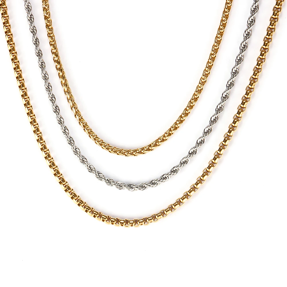 HipHopStainlessSteelRopeChainNecklaceforMenWomenGoldSilverSquarePearlChain