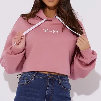 

Letter Embroidery Crop Hooded Hoodies Women 2019 Long Sleeve Streetwear Pink Black White Space Cotton Sportswear Tracksuit Top