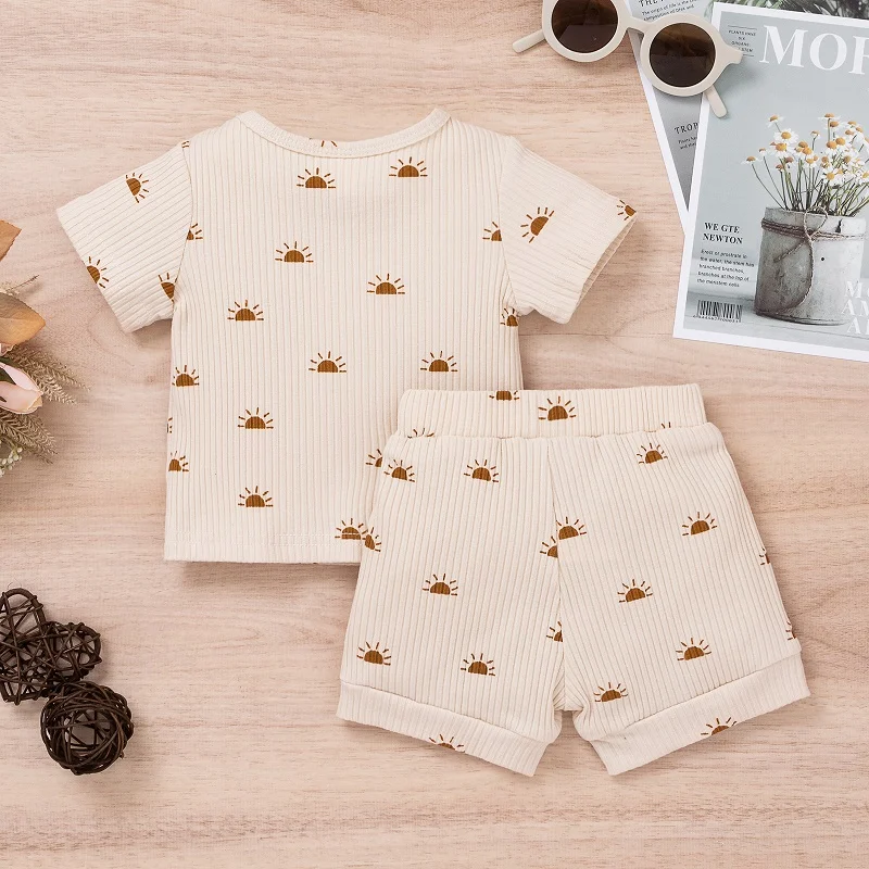 0-6 years old summer girl baby pit pattern sun printing solid color pullover 2022 new boy baby short-sleeved T-shirt shorts 2Pcs Baby Clothing Set best of sale