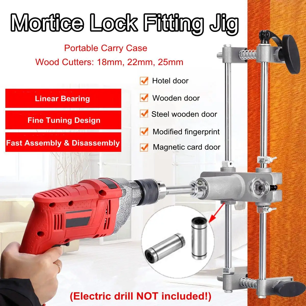 

Professional Mortice Lock Fitting Jig 18/22/25mm Wood Cutters Chisel Door Morticer Kit Locksmith Woodworking Maintenance Tool
