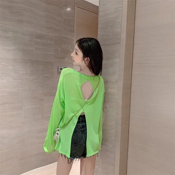 

3186 #19 Summer Long Sleeve Viscose Knit Low Waist Jersey Women's Solid Color Hollow out Sun-resistant Blouse Thin Backless Tops