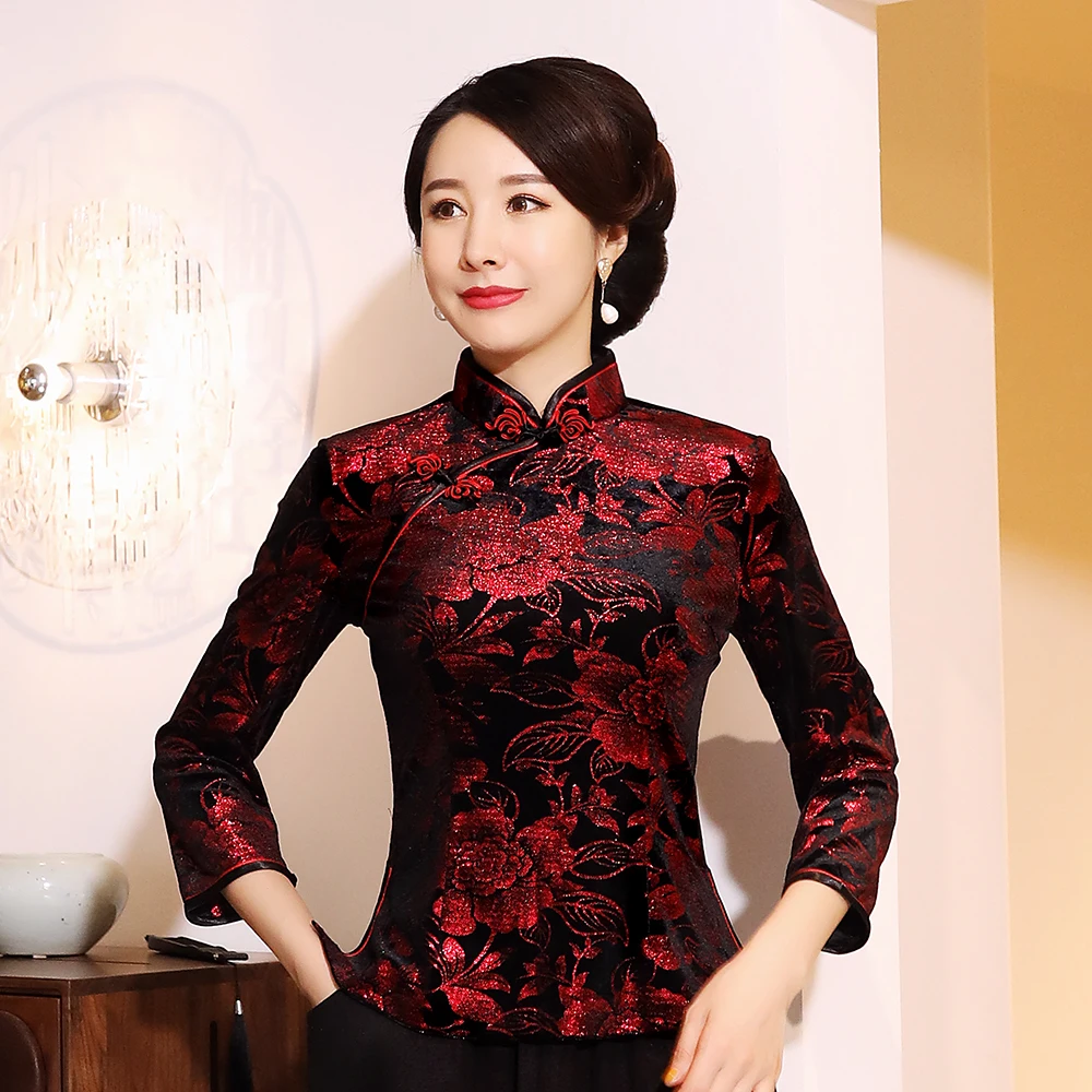 Китайская традиционная одежда в стиле Танг, Женская благородная велюровая блузка, большие размеры 3XL-5XL, ретро топы, винтажные цветочные рубашки с воротником-стойкой