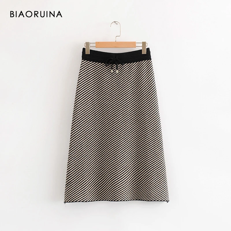 

BIAORUINA Women's Fashion Striped A-line Skirt Lace-up Elactic High Waist Female Elegant Knit Skirt Keep Warm Autumn Bottoms
