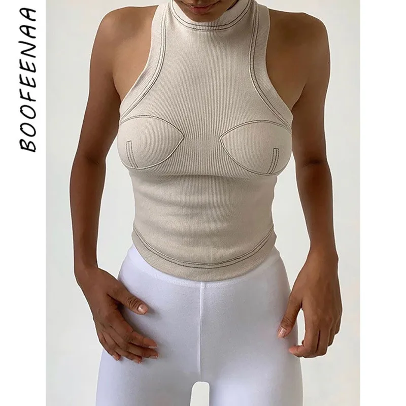 

BOOFEENAA Trendy Ribbed Knitted Tank Top Women Autumn Winter Fashion Tops 2019 Black Apricot Sexy Crop Tops Shirts C87-H41