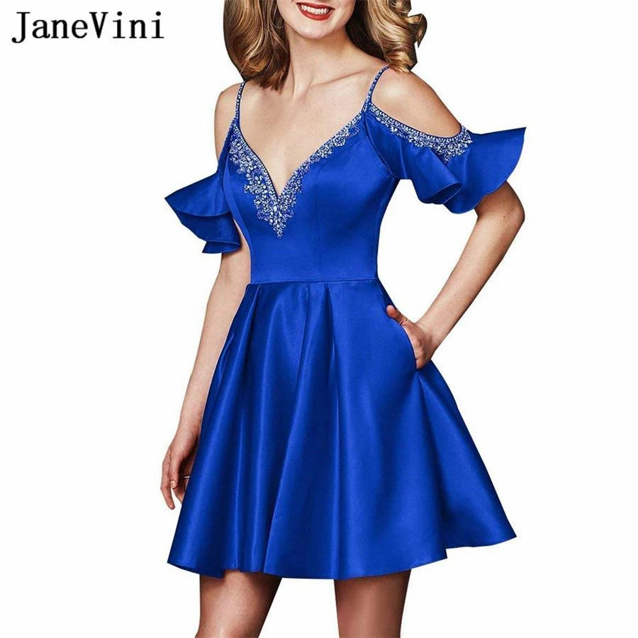 

JaneVini Elegant Royal Blue Satin Homecoming Dresses V Neck Luxury Beading Sleeveless Evening Short Dress Bestidos De Graduacion