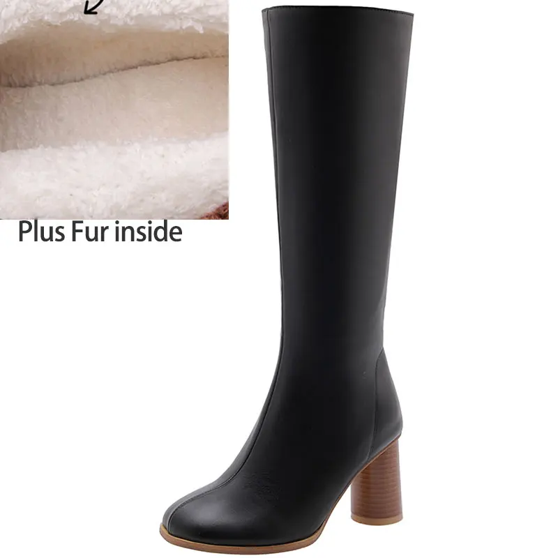 Plus Fur Black Sgesvier мягкая модельная обувь Искусственная кожа обувь на высоком каблуке с круглым носком зимние сапоги с застежкой-молнией женская обувь женские сапоги до колена; Туфли телесного цвета J1051 - Цвет: Plus Fur Black