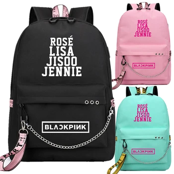 

Kopo BlackPink Rose Lisa JENNIE USB Backpack School Bags Black Pink Mochila Travel Bags Laptop Chain Backpack Headphone USB Port