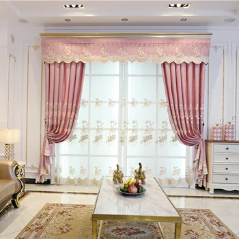 

Modern pink 3D embossed embroidery luxury villa decoration living room curtain window high quality bedroom chenille curtain