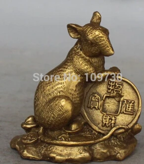 

free shipping<<< 10CM Chinese Bronze Wealth Yuanbao Money 12 Animal Mouse Rice Hold Coin Statue