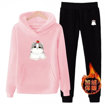 

t07 3xl plus size lovely cat Hoodies Pant Clothing Set Casual 2 Piece Set Warm Clothes solid Tracksuit Women Set Top Pants Ladies Suit