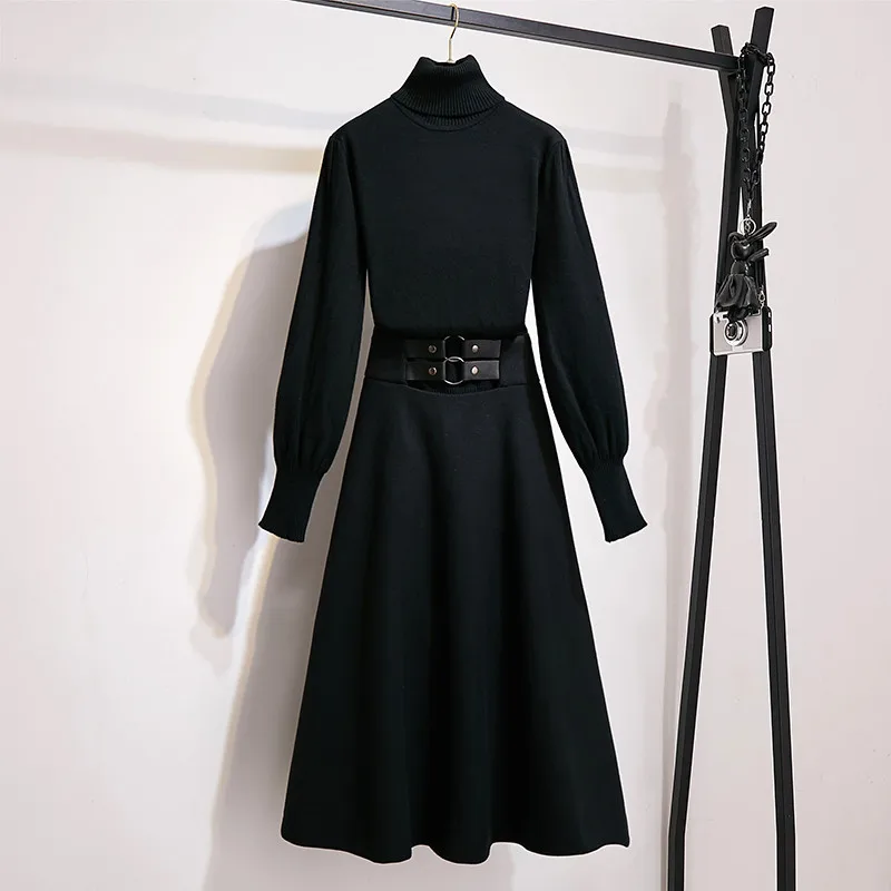 BLLOCUE зимний роскошный подиумный Элегантный женский комплект 2 шт. вязаный пуловер с высоким воротником свитер+ длинная юбка с высокой талией комплект - Цвет: black  suit