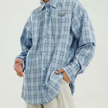 

Male Streetwear Hip Hop Fashion Loose Shirt Men Autumn New Plaid Long Sleeve Hooded Shirt