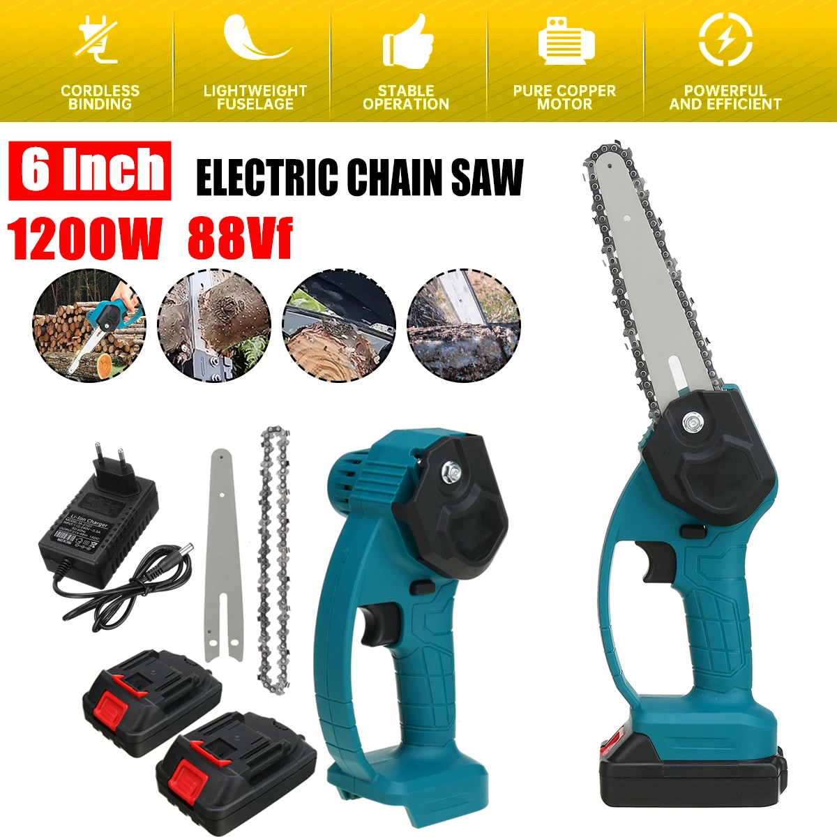 1200w 6 Inch Electric Chainsaw Mini Electric Chain Saw Cordless Electric Pruning Saw Portable