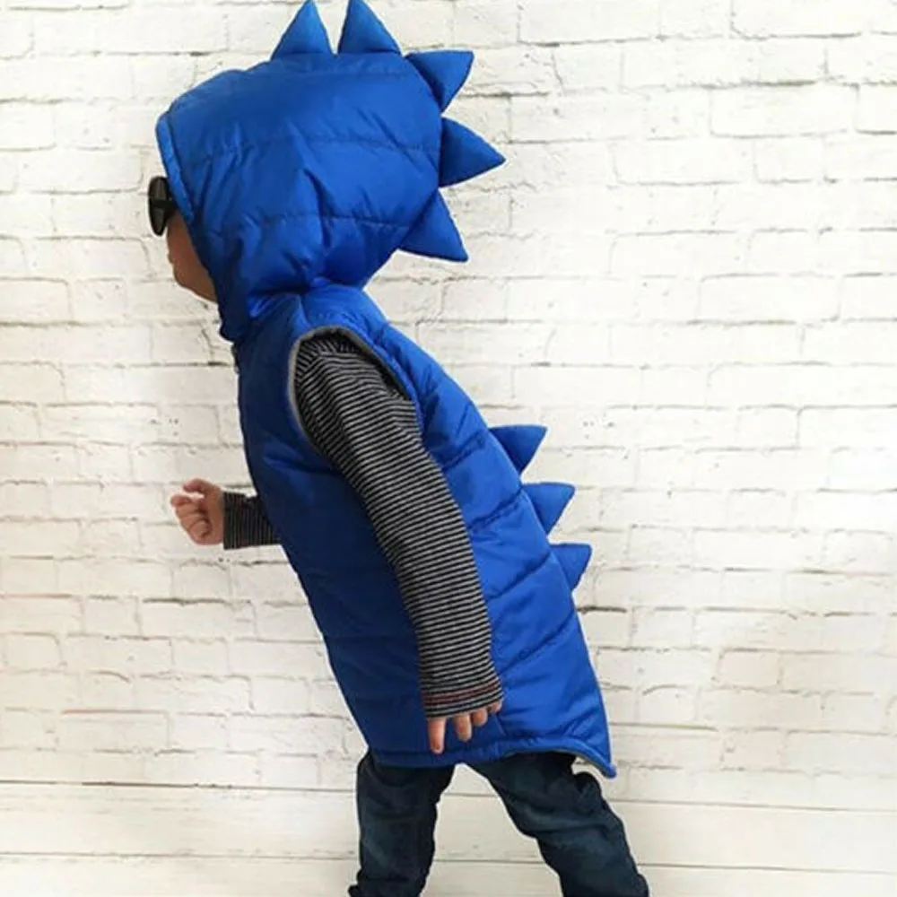 Winter Kids Baby Girl Boy Dinosaur Waistcoat Warm Cotton-padded Jacket Solid Sleeveless Zipper Vest Hooded Outerwear 0-7Y
