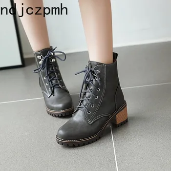 

Women's Boots The New winter fashion Round head Lace-up mid heel Short tube Martin Women's shoes plus size 34-45 Heel Height 6cm