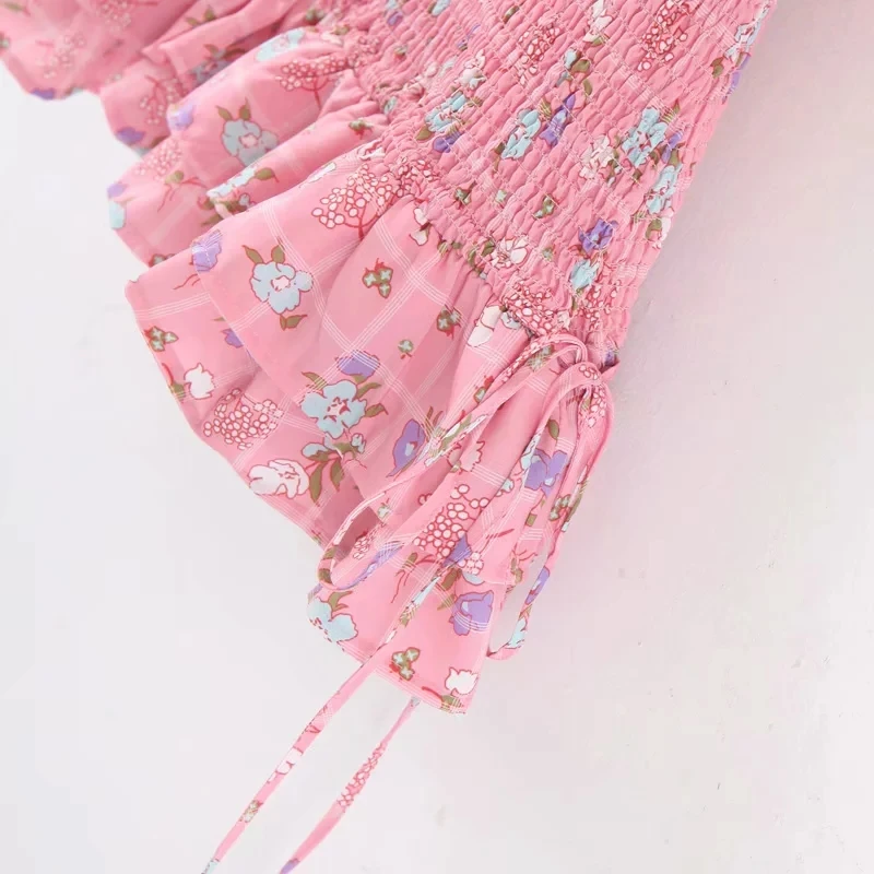 Бохо цветочный принт розовое сексуальное платье женское с буфами рукав платье Винтаж эластичный пояс вечерние мини платья зима Элегантный vestidos