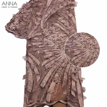 

Anna african tulle lace fabric embroidery with beads and rhinestones french 3d applique net laces fabrics for garment sewing