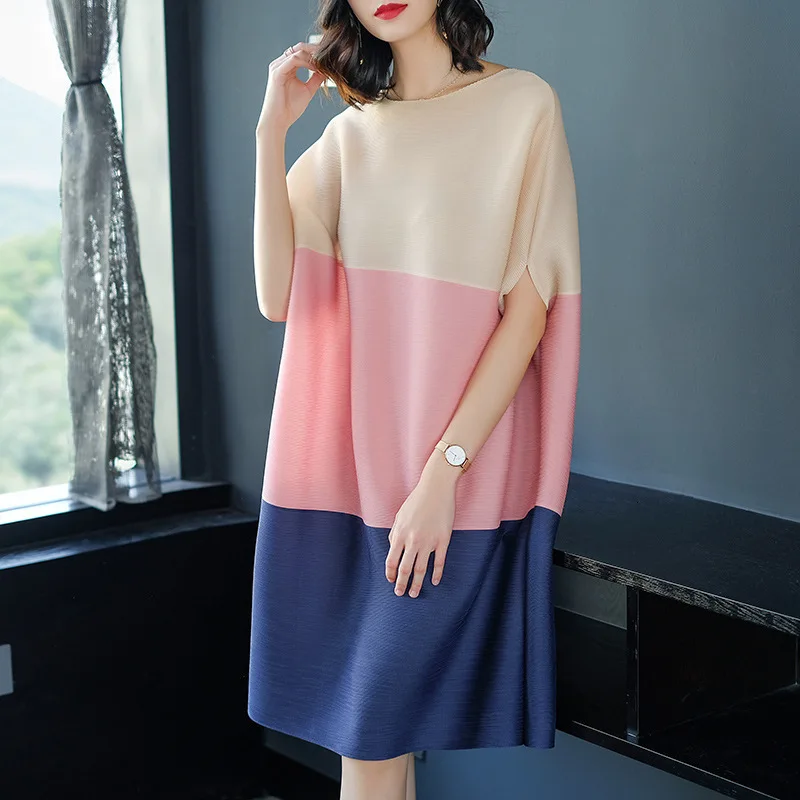 pink blue dress LANMREM, европейский стиль, плиссированная одежда, женская мода, контрастный цвет, свободное платье большого размера для весны и лета, BA682 - Цвет: pink blue dress