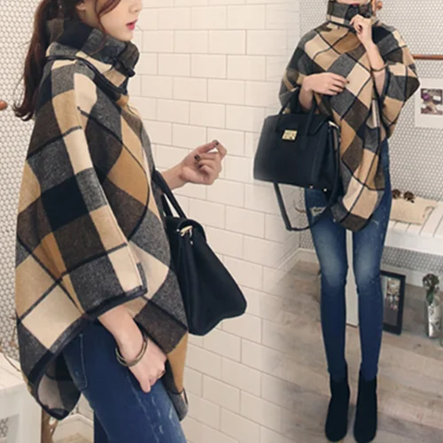 

High Neck Women Blends Plaid Cloak Female Wool Autumn Winter Oversize Pullovers Turtleneck Blends Patchwork Korean Style Cloth
