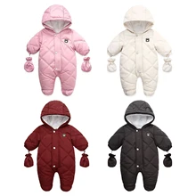 Barboteuse à capuche et manches longues pour bébé, vêtements d'extérieur thermiques pour enfants, motif d'ours de dessin animé, vêtements de neige
