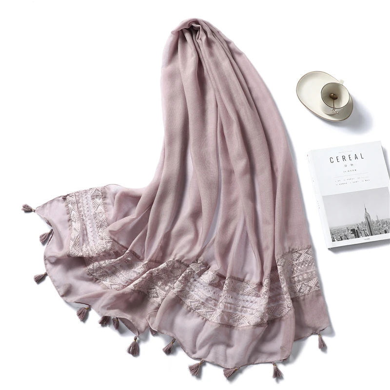 Дизайнерские Брендовые женские хиджабы-шарфы для леди однотонные кисточки модные шали и обертывания пашмины бандана женский фуляр