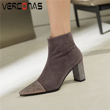 

VERCONAS New Women Ankle Boots Autumn Winter Kid Suede Rhinestone Pointed Toe Shoes Woman Side Zipper Thick Heels Short Boots