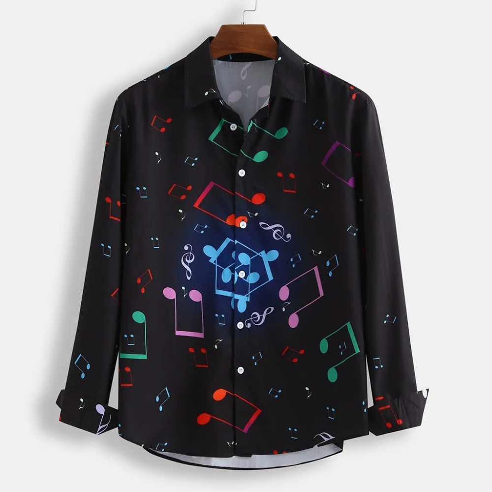 Musical Note Men Shirt New Casual Printed Hawaiian Slim Fit Long Sleeve Dress Shirt Blouse Tops Autumn Shirts Men Clothing