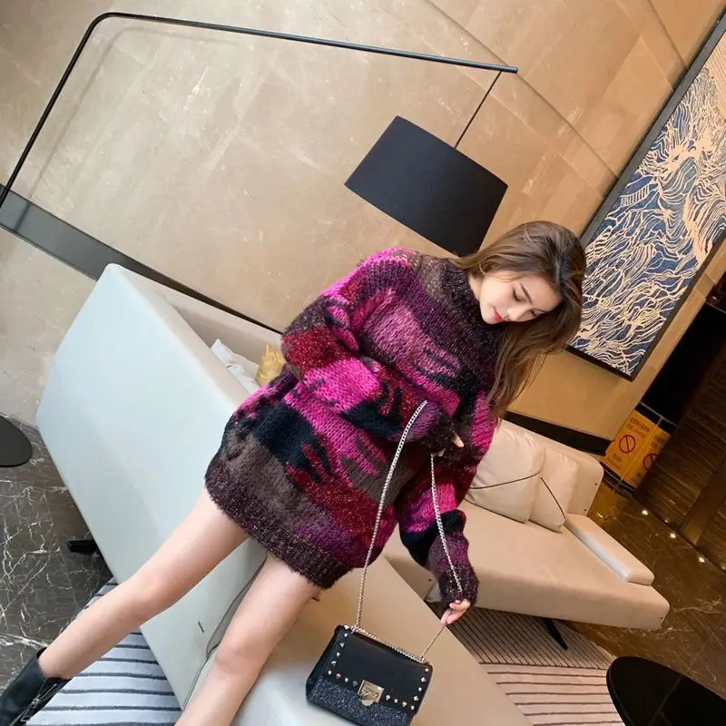 

Autumn 2019 New Color Blocking Sweater Long Lazy Rainbow Coat Women's Top Loose and Versatile Pullovers Clothes Sweaters Women