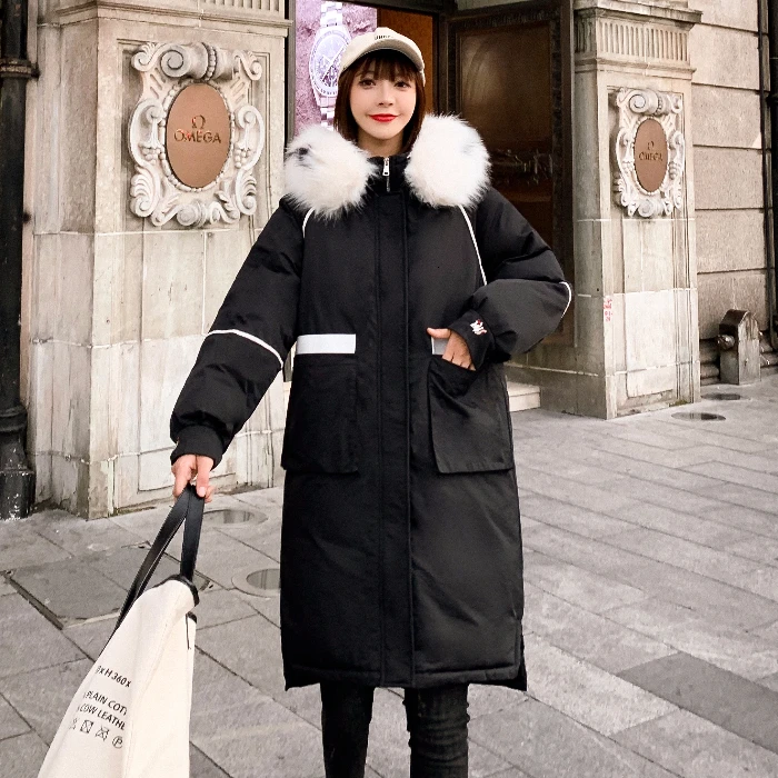 And Autumn Winter New Down Dress Female Fashion Crane Loose And Big Hair Neck Long Bf Wind Cotton Jacket