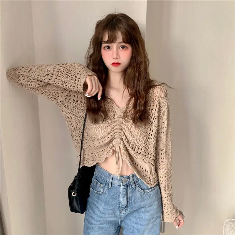 

Khaki Sexy New Hollowed Bandage Spring Pullover Short Sweater Loose Coat Casual Cloth Girl T-shirt Tops Clothes for Women Lady