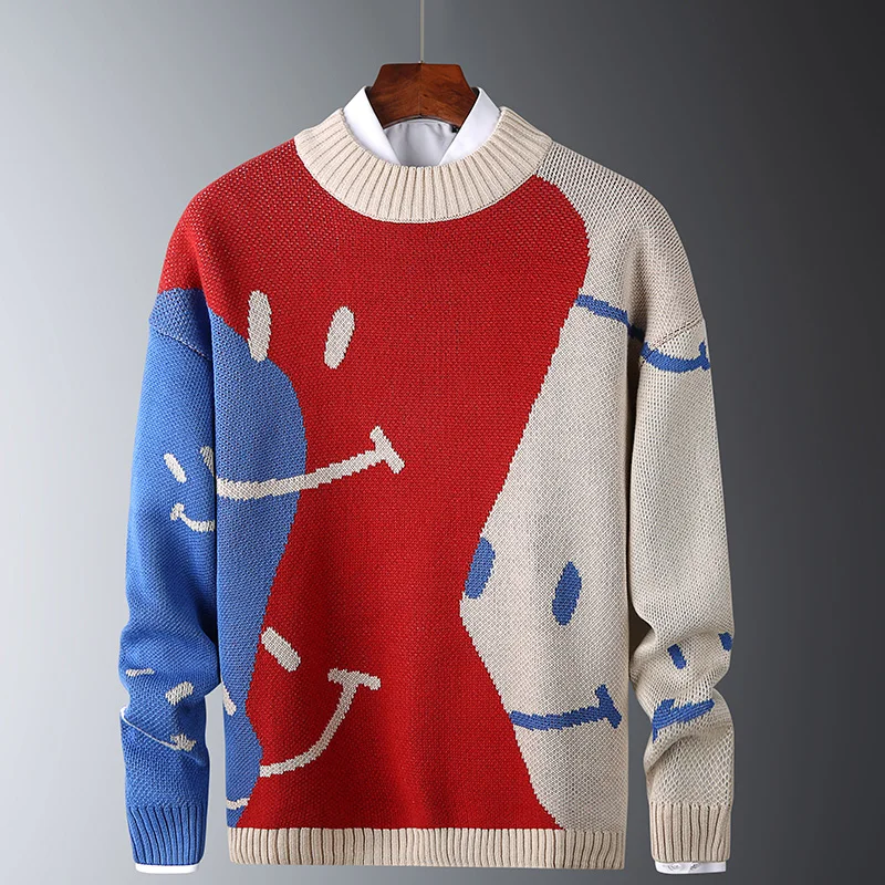 

Casual Sweaters Mens Fit Knitted Slim Sweaters Cotton Long Sleeve Round Collar Male Warm Pullovers Patchwork Color Trendy Style
