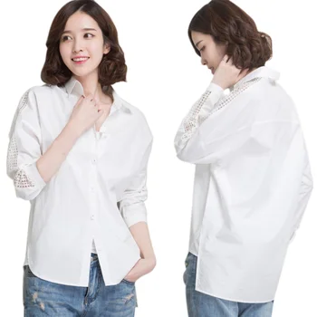 

Womens Cotton long sleeve Blouse Hollow Out Pure Blouses For Women white Casual Shirts Streetwear Female Blouses 2020