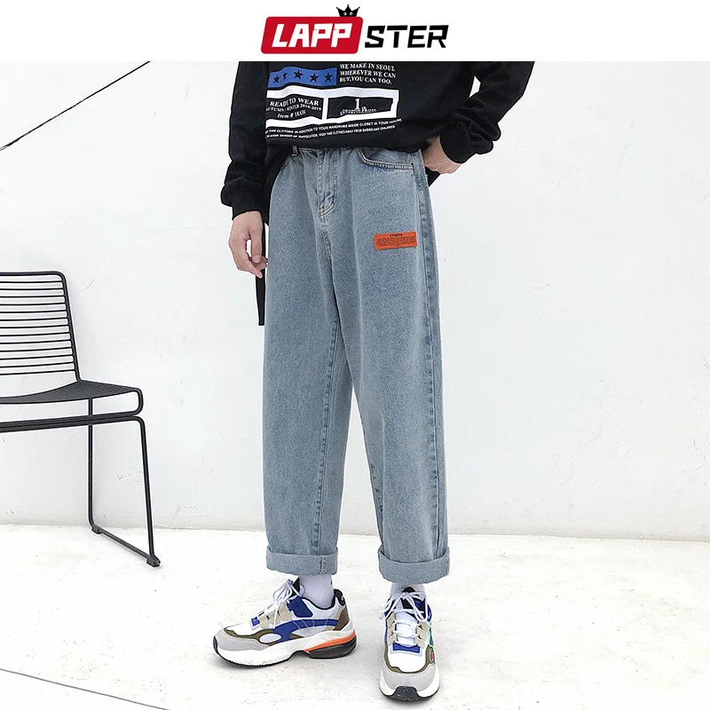 

LAPPSTER Mens Korean Fashoins Harem Blue Jeans Pants 2020 Vintage Straight Pants Harajuku Jeans Baggy Belt High Quality Denim