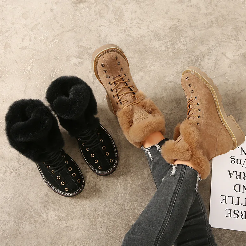 

Gtime Martin Boots Shoes Woman Rabbit Fur Warm Plush Winter New Female Shoes Casual Genuine Leather Snow Boots High Top XYZ320